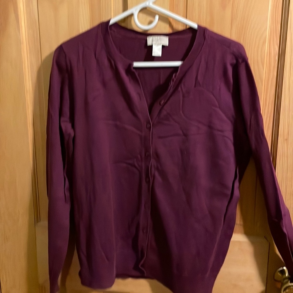LOFT Plum Button-Front Crewneck Cardigan